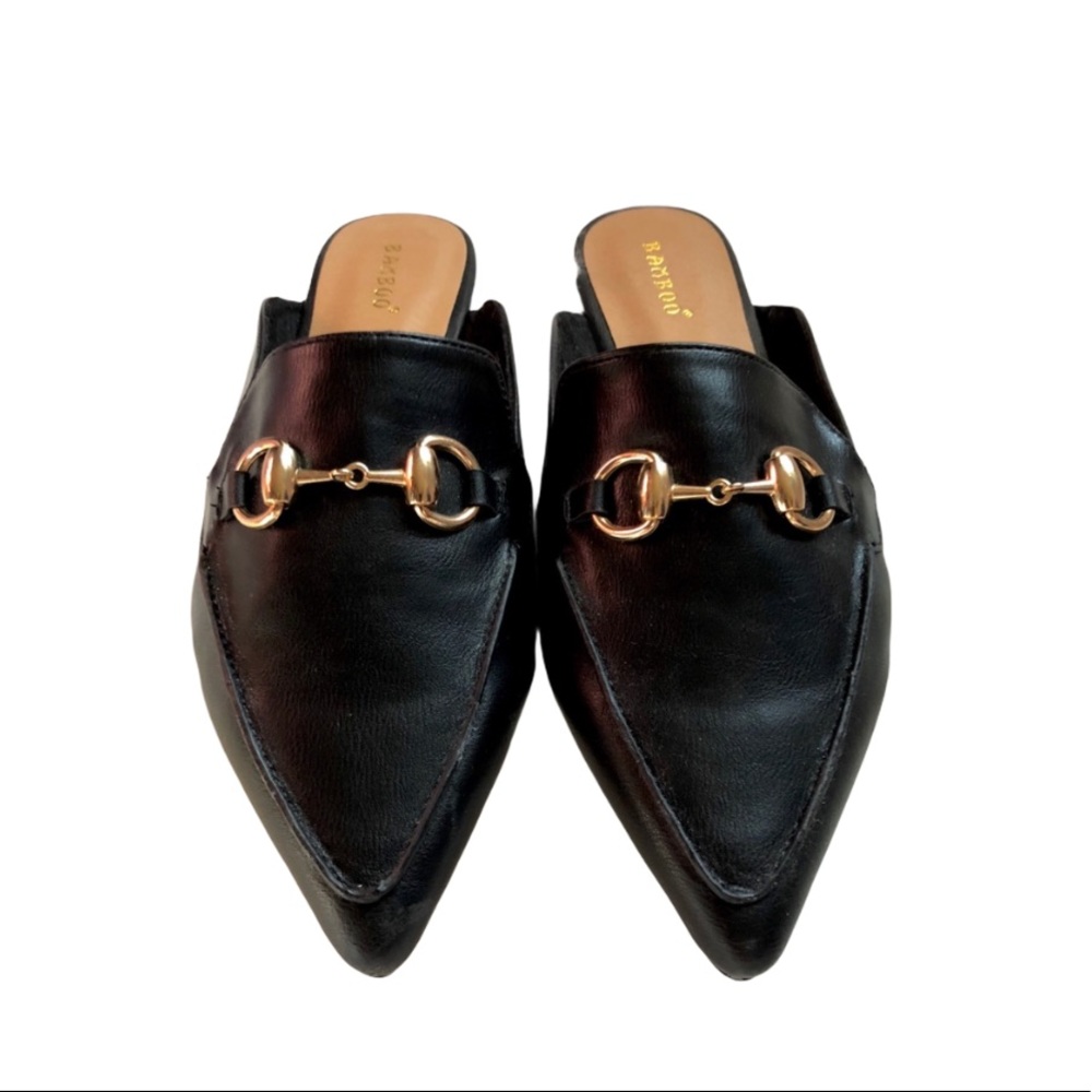 Black backless loafer mules buckle leather 10